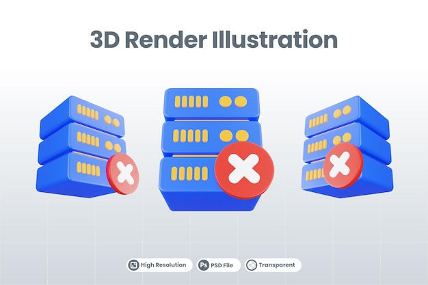 PSD 3d renderizar icono de servidor de base de datos con icono de cruz aislado