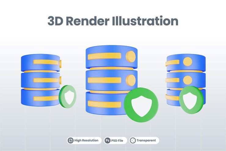 PSD 3d renderizar icono de servidor de base de datos con icono de protección aislado