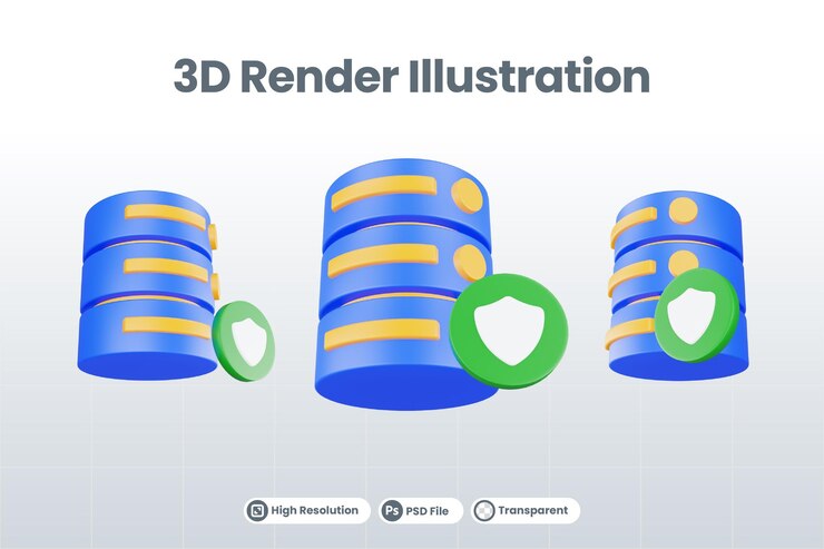 PSD 3d renderizar icono de servidor de base de datos con icono de protección aislado