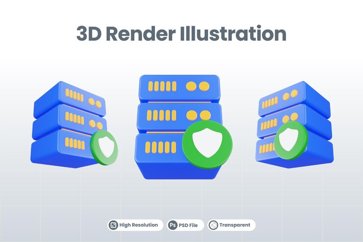 PSD 3d renderizar icono de servidor de base de datos con icono de protección aislado