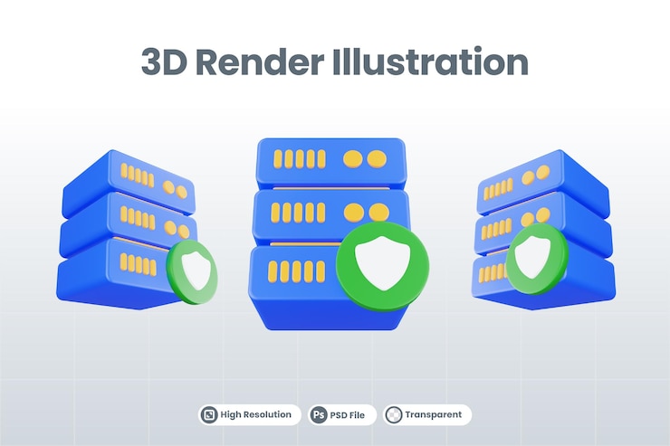 PSD 3d renderizar icono de servidor de base de datos con icono de protección aislado