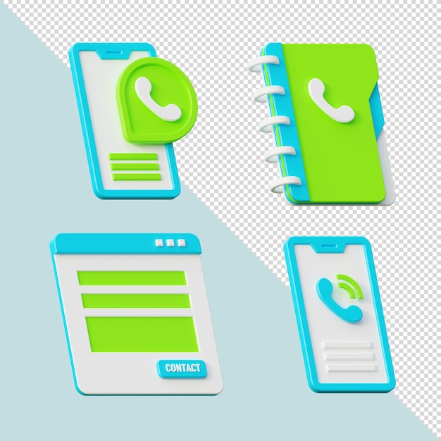 3d renderizar iconos de comunicación establecer color tema verde azul teléfono contactos formulario de contacto sitio web