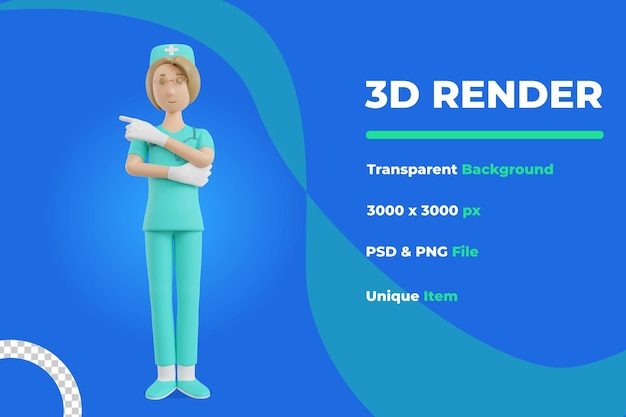 3d renderizar ilustración de enfermera con gesto muestra dirección