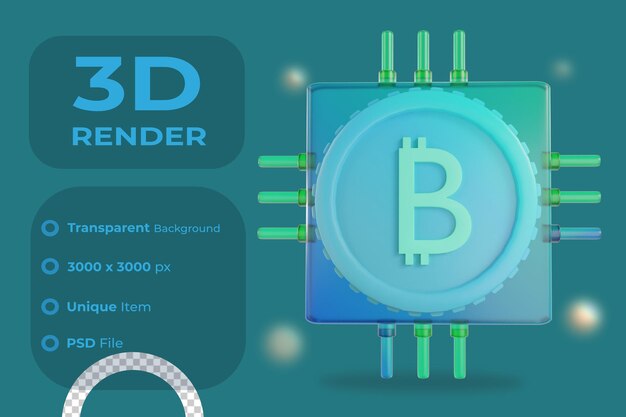 PSD 3d renderizar ilustración de procesador bitcoin