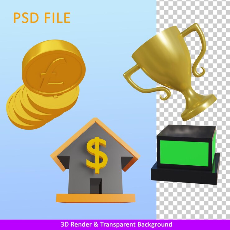 3d renderizar monedas caseras de ilustración y trofeo