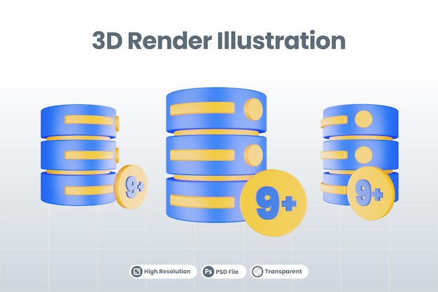 3d renderizar o ícone do servidor de banco de dados com nove mais ícone isolado