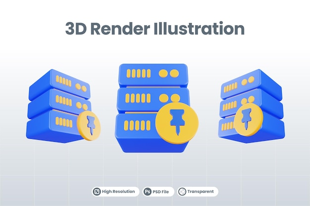 PSD 3d renderizar o ícone do servidor de banco de dados com o ícone de pino isolado