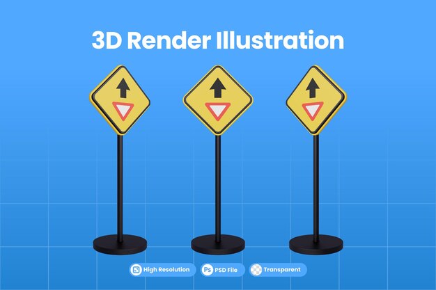 3d renderizar sinais de trânsito do símbolo de sinal de aviso do triângulo amarelo de rendimento à frente do tráfego premium psd