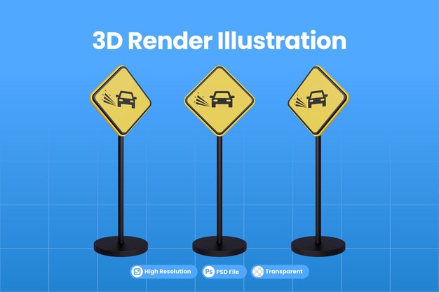 PSD 3d renderizar sinais de trânsito do símbolo de sinal de aviso do triângulo amarelo do psd premium de tráfego de cascalho solto