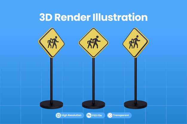 3d renderizar sinais de trânsito do símbolo de sinal de aviso do triângulo amarelo do tráfego da área de pedestres