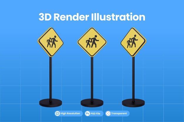 PSD 3d renderizar sinais de trânsito do símbolo de sinal de aviso do triângulo amarelo do tráfego da área de pedestres