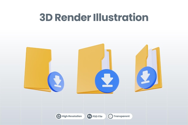 3d-renderordner-download-symbol mit orangefarbenem dateiordner und blauem download