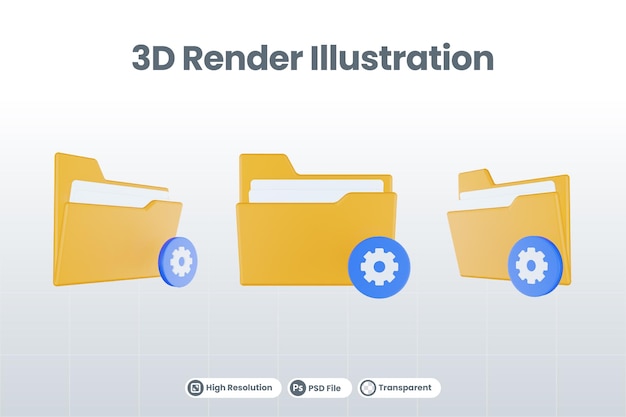 3d-renderordner-einstellungssymbol mit orangefarbenem dateiordner und blauer einstellung