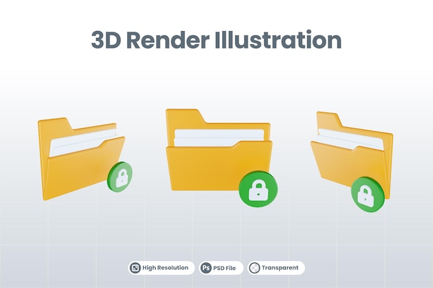 3d-renderordner gesperrtes symbol mit orangefarbenem dateiordner und grünem gesperrt