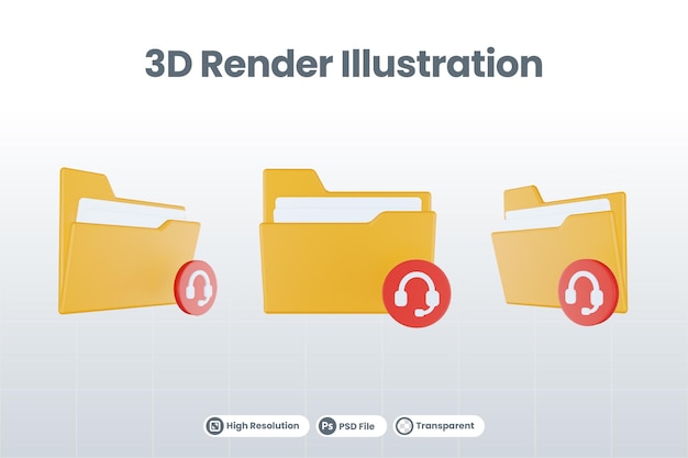 PSD 3d-renderordner-kopfhörersymbol mit orangefarbenem dateiordner und rotem kopfhörer