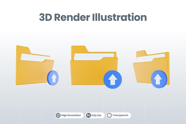 3d-renderordner-upload-symbol mit orangefarbenem dateiordner und blauem upload