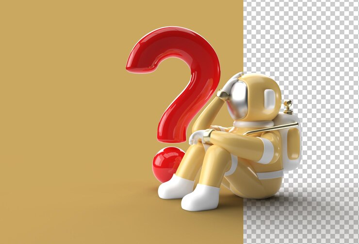 PSD 3d renderovaný astronaut s otazníkem, přemýšlející, zklamaný, unavený bělošský výraz
