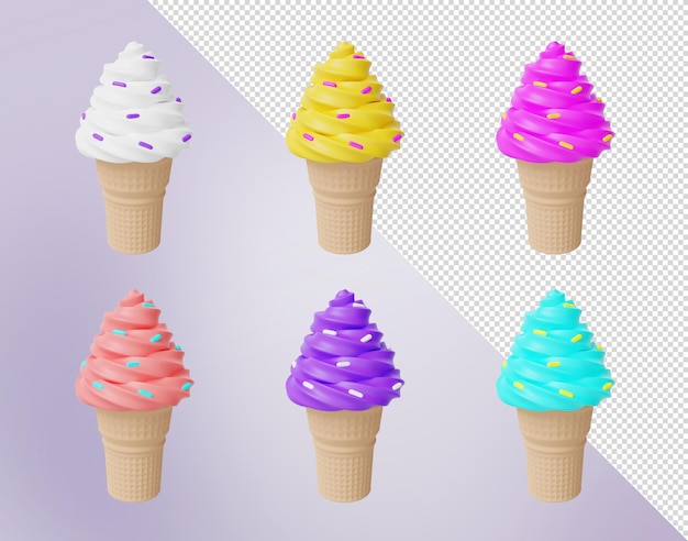 3D-Renderset aus bunten Eiscremes mit Streuseln