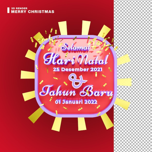 PSD 3d-rendertypografie von frohe weihnachten und ein glückliches neues jahr auf indonesisch mit ornament