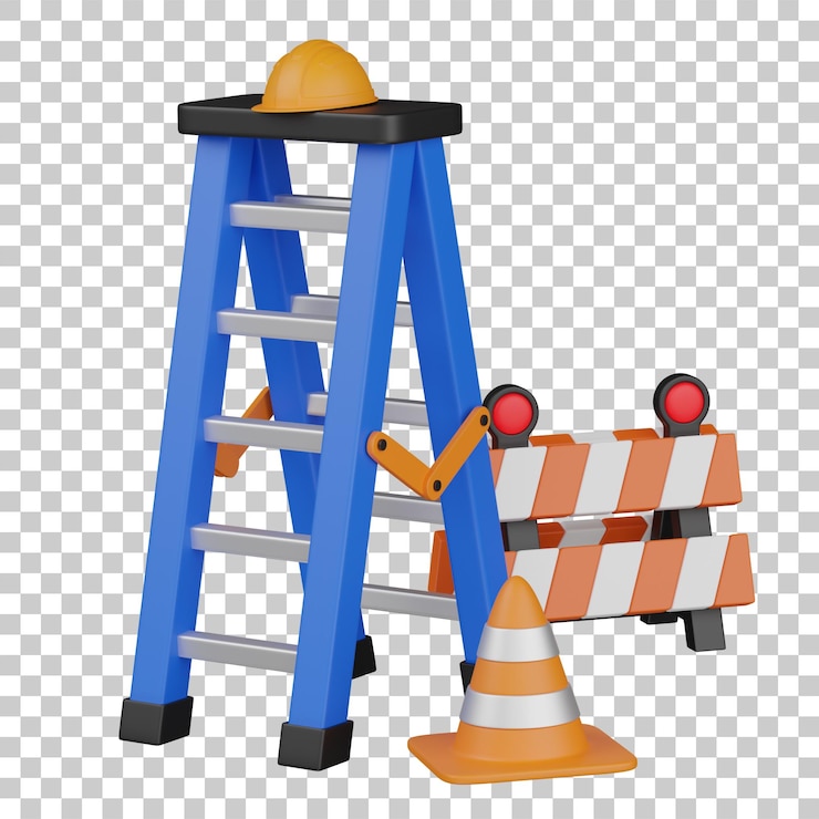 PSD 3d-renderung von baustelle, treppe, kegelbarriere und helm