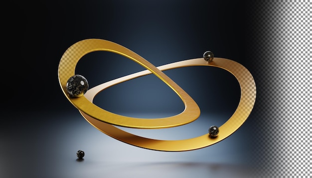 3D-Renderung von schwarzen Marmorsphären, Balance auf goldenen Metallringen Luxus dunkler abstrakter geometrischer Hintergrund mit steinernen Kugeln, die im Kreis umkreisen, Bewegung der Figuren nach unten und nach oben 3D-Illustration