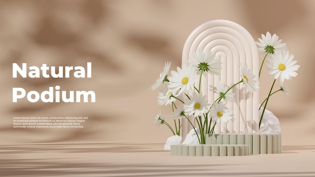 3D-Rendervorlage weißes Podium in Landschaft mit weißem Gänseblümchen im Hintergrund und braunem Hintergrund