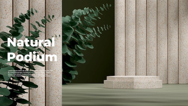 3d-rendervorlagen-mock-up von terrazzo-podium in landschaft mit grünen pflanzen im hintergrund