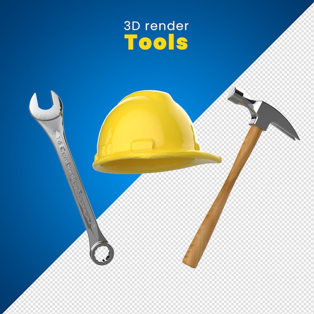3D-Renderwerkzeuge mit einem Hammer und einem gelben Schutzhelm Ferramentas martelo e capacete