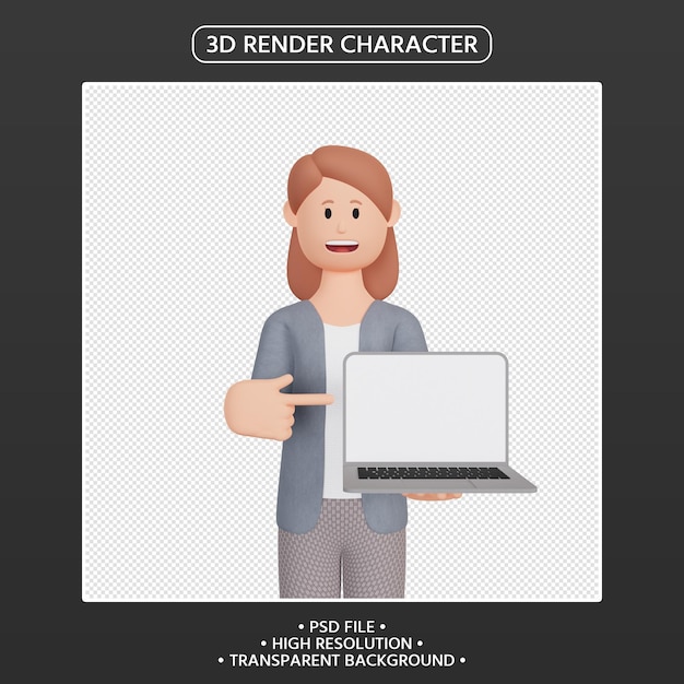 3d rendono il personaggio femminile che indica il computer portatile