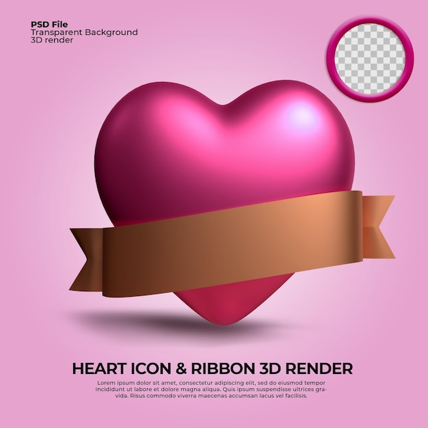 3D rendono l'icona di amore png con l'elemento del nastro