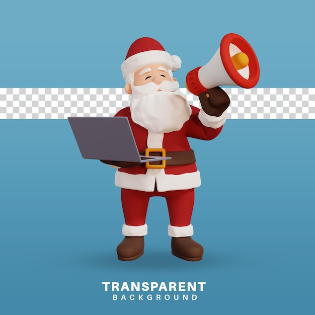 3d rendono l'illustrazione di concetto di natale santa che tiene un computer portatile e un megafono