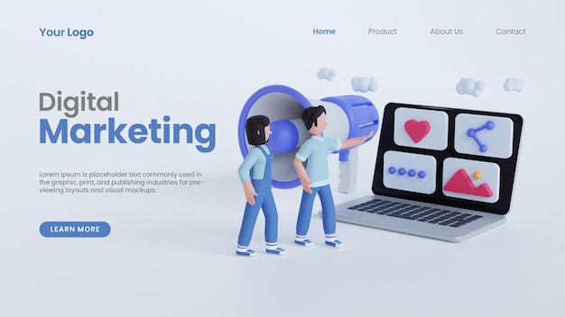 3d rendono l'uomo e la donna che puntano il modello di pagina di destinazione del concetto di marketing digitale online del computer portatile 3d