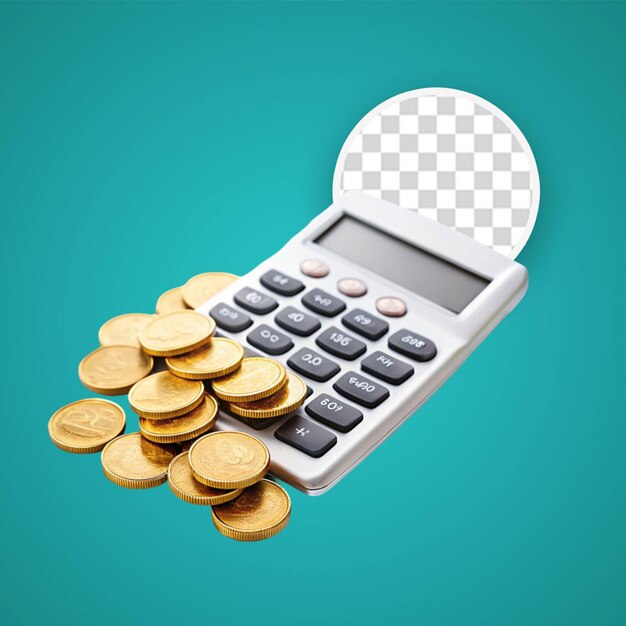 PSD 3d rendu de la calculatrice et de la monnaie concept de gestion de l'argent planification de l'impôt isolé