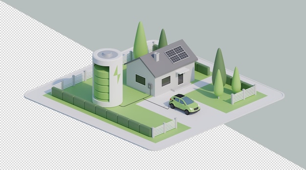 PSD 3d renewable energy source housing with electric car and solar panels isometric