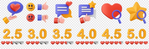 3d retroalimentación amor estrella cliente revisión servicio de calificación icono conjunto paquete ilustración