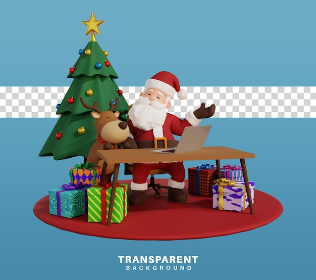 3d rinden la ilustración del concepto de navidad santa trabajando en una computadora portátil