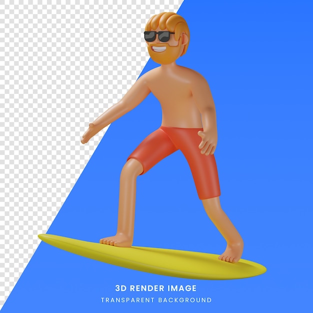 PSD 3d rinden el personaje de dibujos animados de la ilustración del hombre que practica surf