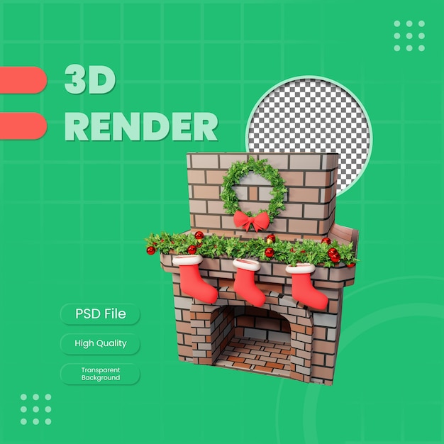 PSD 3d rindió la ilustración de chimenea decorada de navidad