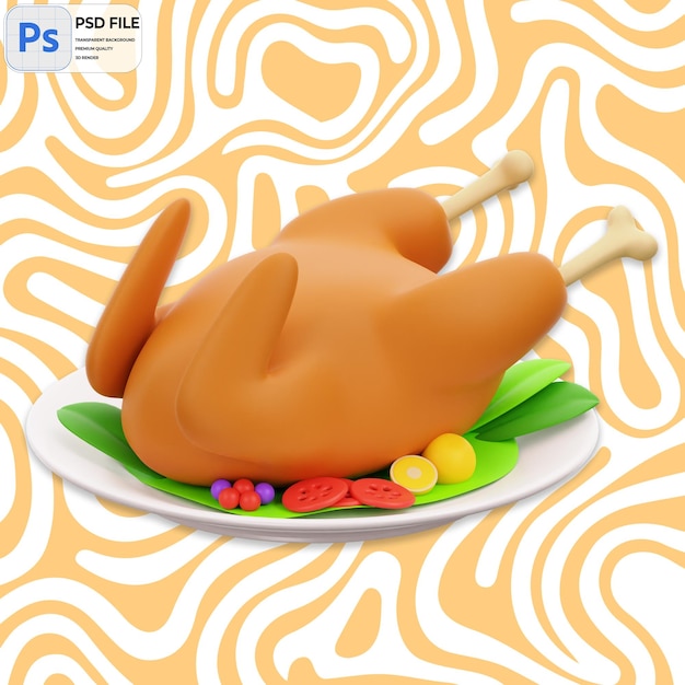 3D Roast Chicken Dish Render Icon Isolado PNG Ilustración de la plantilla PSD