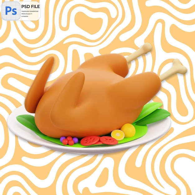 PSD 3d roast chicken dish render icon isolado png ilustración de la plantilla psd