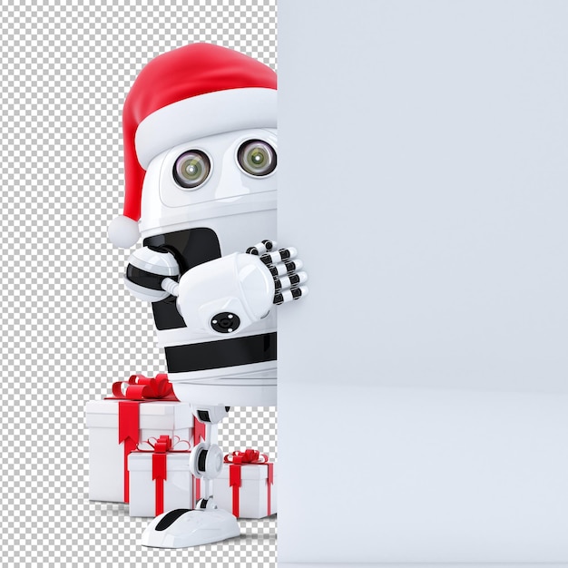 3D robô Papai Noel segurando uma bandeira em branco. Conceito de natal