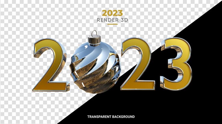 PSD 3d rok 2023 s vánoční koulí, zlatý a leštěný chromový povrch pro šťastný nový rok