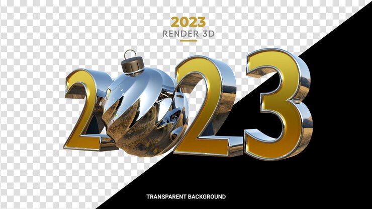 PSD 3d rok 2023 s vánoční koulí, zlatý a leštěný chromový povrch pro šťastný nový rok
