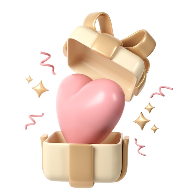 3d-rosa herz in einer geschenkkiste cartoon-stil für dekoration liebe durchsichtig valentinstag romantisches design