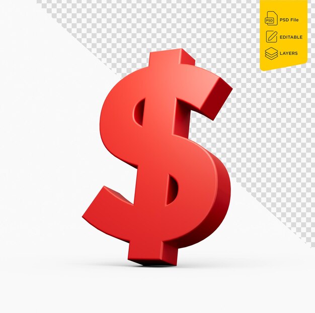 3D-rotes glänzendes US-Dollar-Währungssymbol isoliert auf weißem Hintergrund 3D-Darstellung