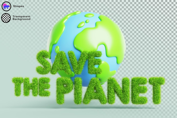PSD 3d salvar el planeta cartón de bandera con globo terrestre y letras de hierba verde textura protección del medio ambiente energía renovable desarrollo sostenible conservación ecológica concepto de renderización