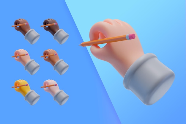 3D-Sammlung mit Händen, die einen Bleistift halten