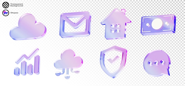 3D-Satz von Glas holographischer UI-Symbol für App- oder Webdesign Iridescent Crystal Shield E-Mail-Umschlag ai Cloud Home Geldrechnung Sprachblase und Diagramm mit gradienten Textur renderen