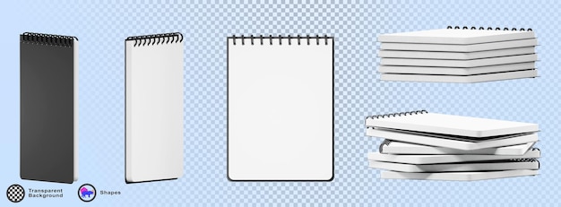 3D-Satz von spiralförmigen Notebook-Stapel mit weißem Papier Leer Notizbericht Vorder- und Rücksicht Isolierte Notizbuch mit offener schwarzer Abdeckung und leerem Blatt für das Schulbildungsbüro