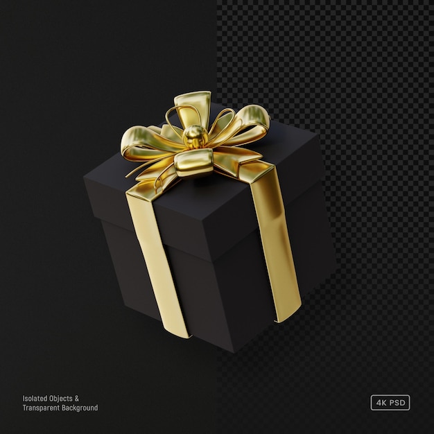 PSD 3d schwarze geschenkbox mit goldenem bogen und band isoliert